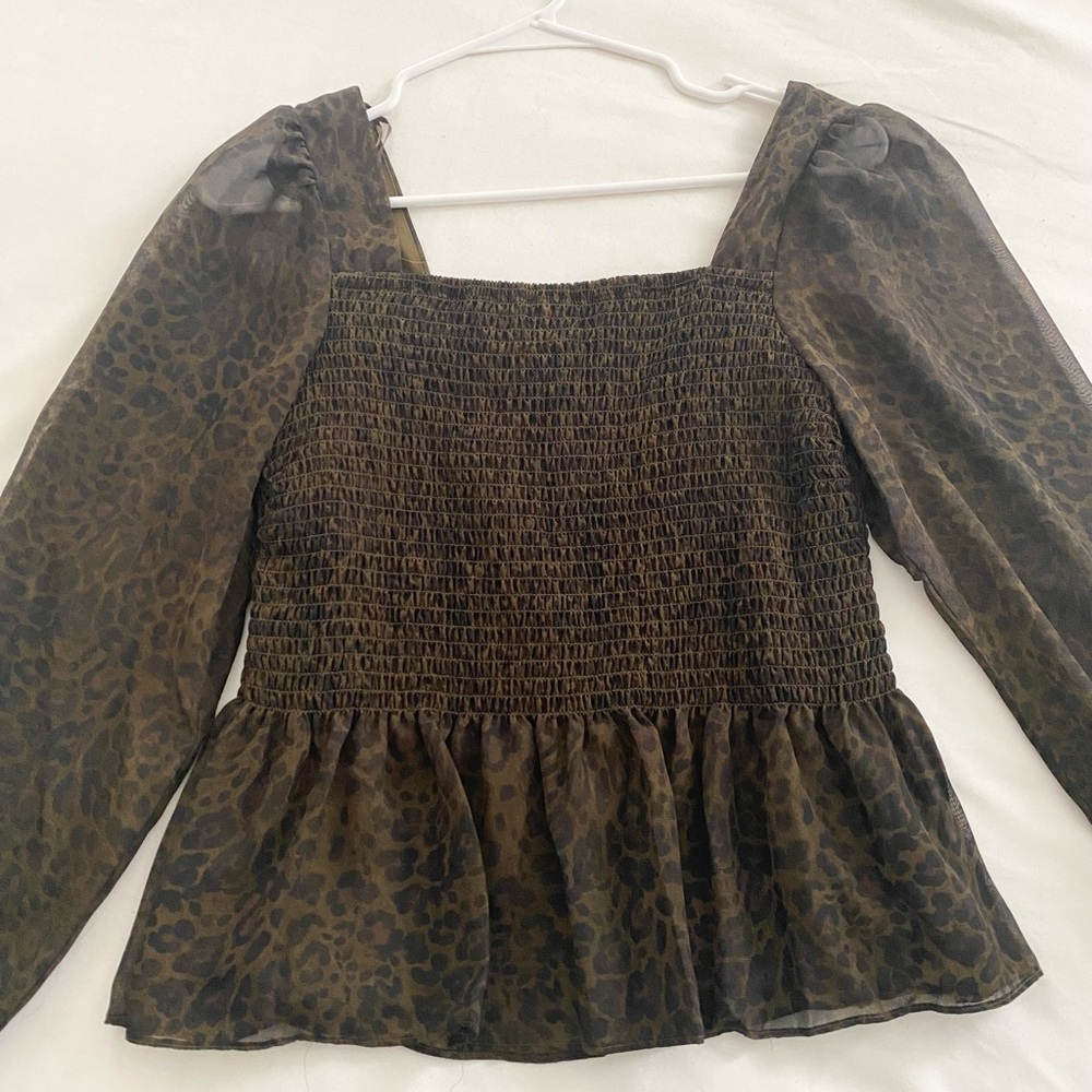 Nine West Leopard Smocked Top (Green/brown with black print)